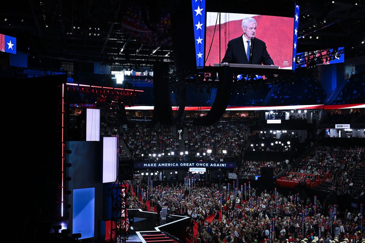 Former Speaker of the House of Representatives Newt Gingrich speaks during the third day of the Republican National Convention in Milwaukee on Wednesday, July 17.