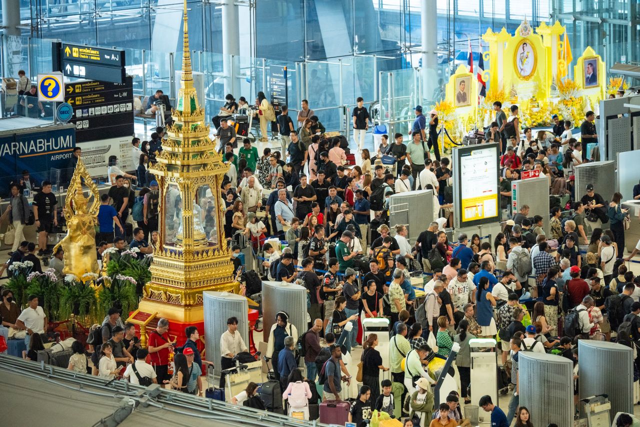 Crowds are seen building up at Suvarnabhumi Airport in Bangkok.