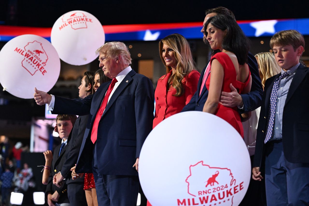 Balloons fall around former President Donald Trump and his family after his speech at the Republican National Convention in Milwaukee, on Thursday, July 18. 