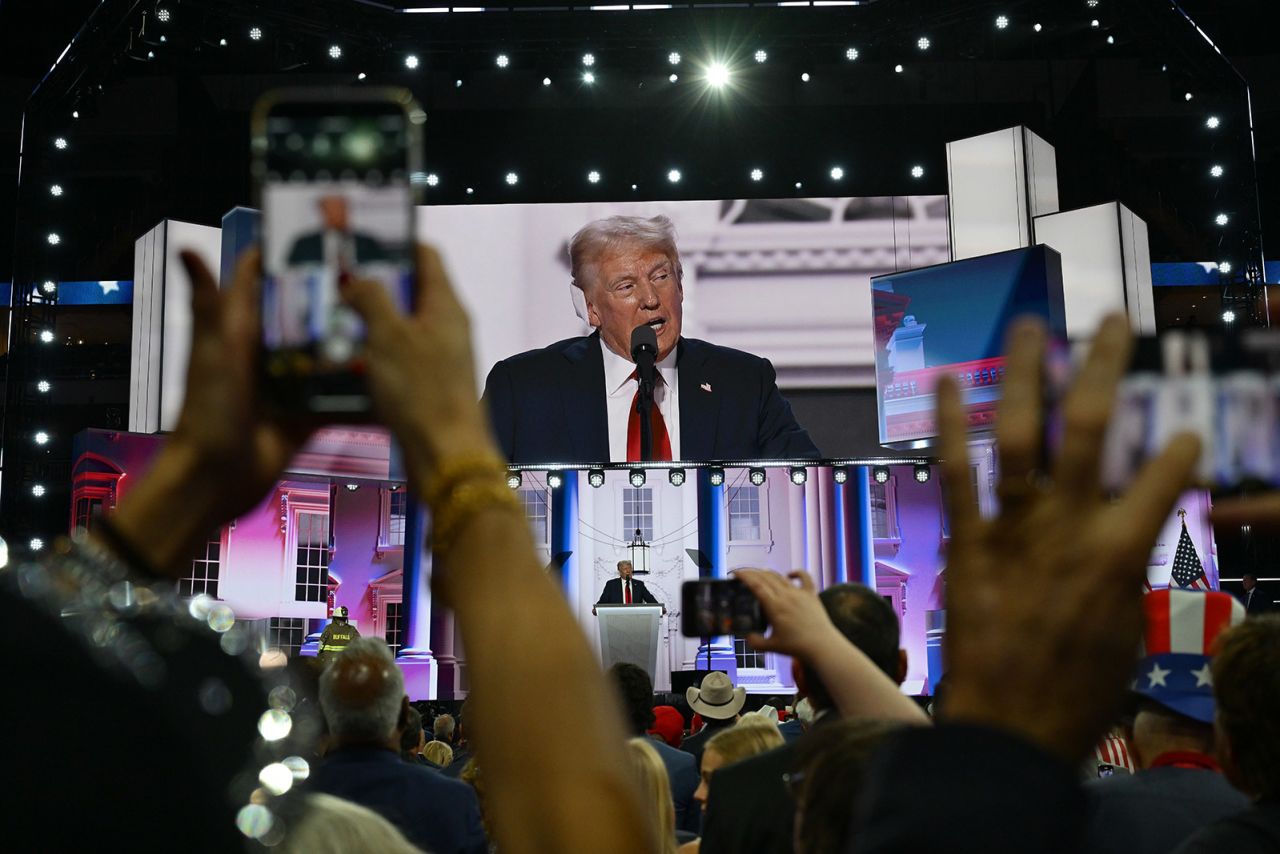 Former President Donald Trump speaks at the 2024 Republican National Convention at the Fiserv Forum in Milwaukee, Wisconsin, on July 18.