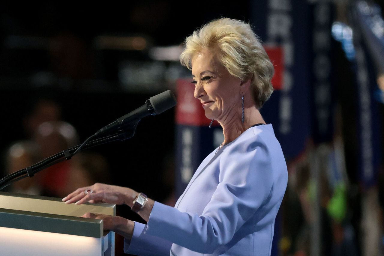 Former US Administrator of the Small Business Administration Linda McMahon speaks on stage on the fourth day of the Republican National Convention on Thursday, July 18, in Milwaukee.