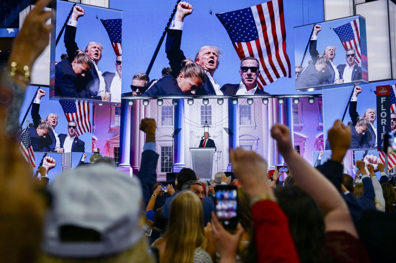 Former President Donald Trump recalls the assassination attempt on his life during a campaign rally in Butler, Pa. during his speech at the 2024 Republican National Convention at the Fiserv Forum in Milwaukee, on July 18, 2024.