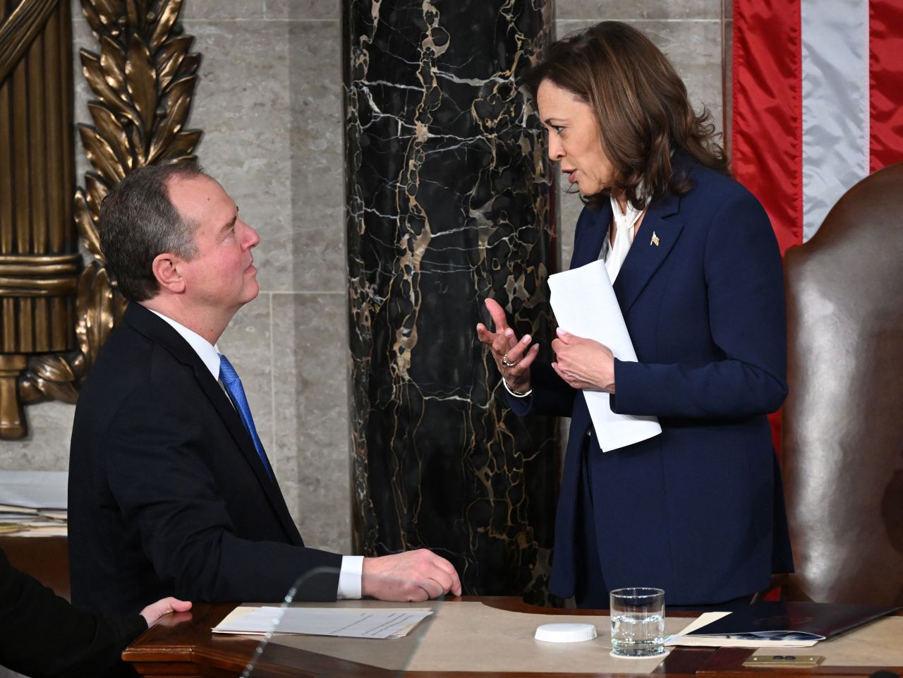 US Vice President Kamala Harris, right, speaks with Rep. Adam Schiff at the US Capitol in Washington, DC, April 11, 2024.