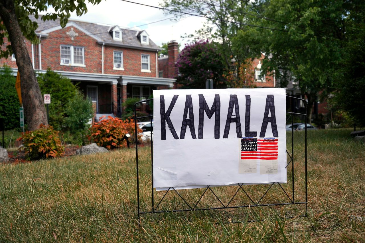 A handmade sign for Vice President Kamala Harris appears on a lawn, Sunday, July 21, 2024, in Washington, DC.