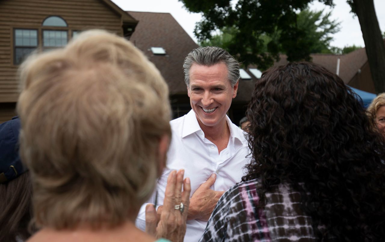 California Gov. Gavin Newsom at the Van Buren County Democratic Party's "BBQ for Biden-Harris" event on July 4 in South Haven, Michigan. 