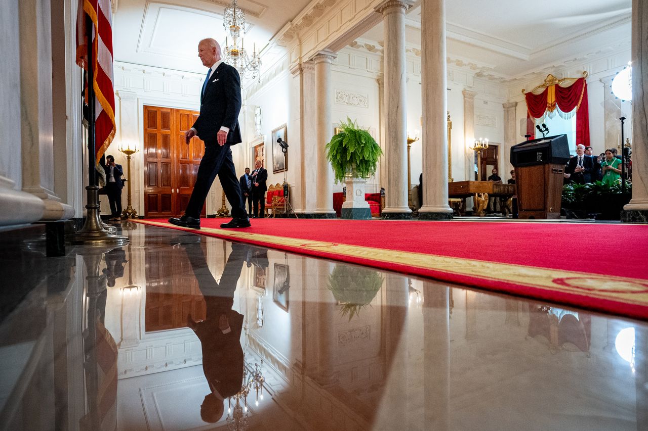 President Joe Biden departs after speaking to the media at the White House on July 1. 