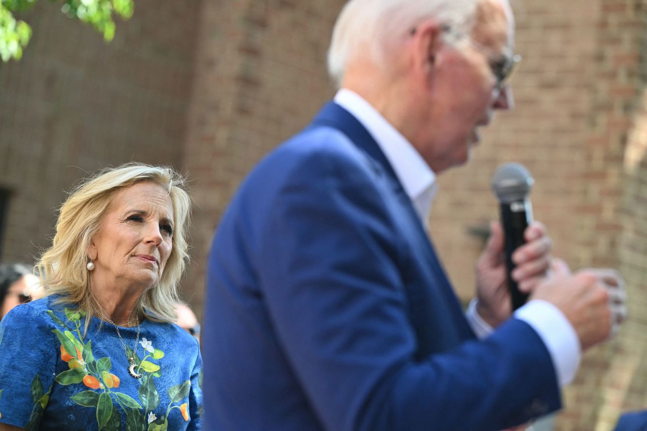 First lady Jill Biden looks on as President Joe Biden speaks to supporters and volunteers during a campaign stop at a Biden-Harris campaign office in Harrisburg, Pennsylvania, on July 7. 