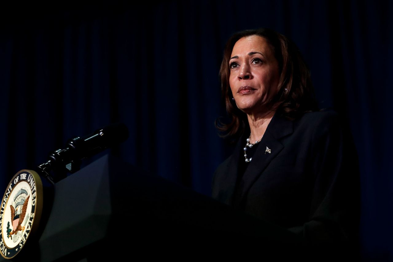 Vice President Kamala Harris attends a moderated conversation with former Trump administration national security official Olivia Troye and former Republican voter Amanda Stratton on July 17, 2024 in Kalamazoo, Michigan. 