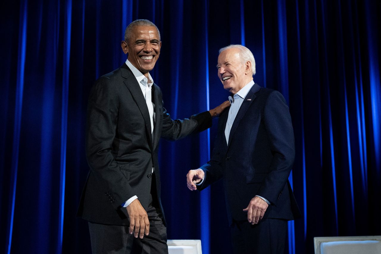 Former President Barack Obama and President Joe Biden arrive at a campaign fundraising event at Radio City Music Hall in New York on March 28. 