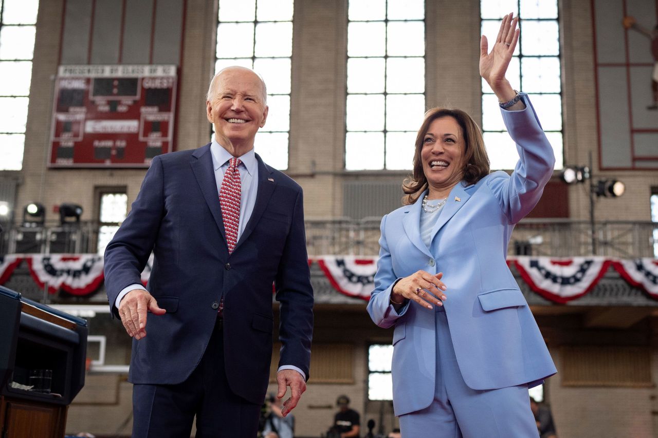 President Joe Biden and Vice President Kamala Harris wave to the audience after speaking at a campaign rally in Philadelphia on May 29.