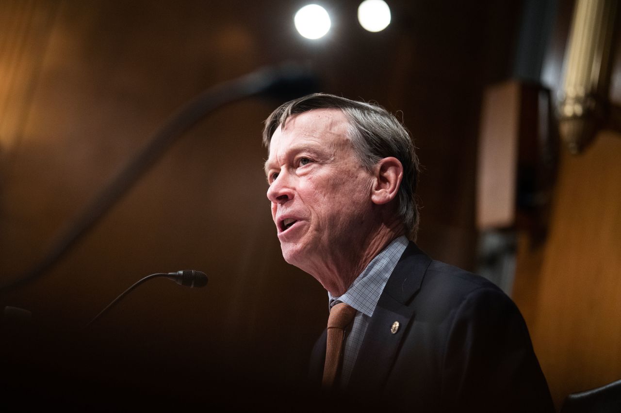 Colorado Sen. John Hickenlooper speaks during a Senate hearing in Washington, DC, on March 14. 