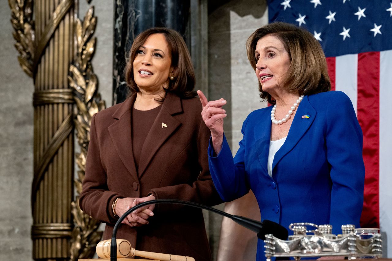 Rep. Nancy Pelosi speaks to Vice President Kamala Harris ahead of President Joe Biden's State of the Union address in the US Capitol in March 2022.