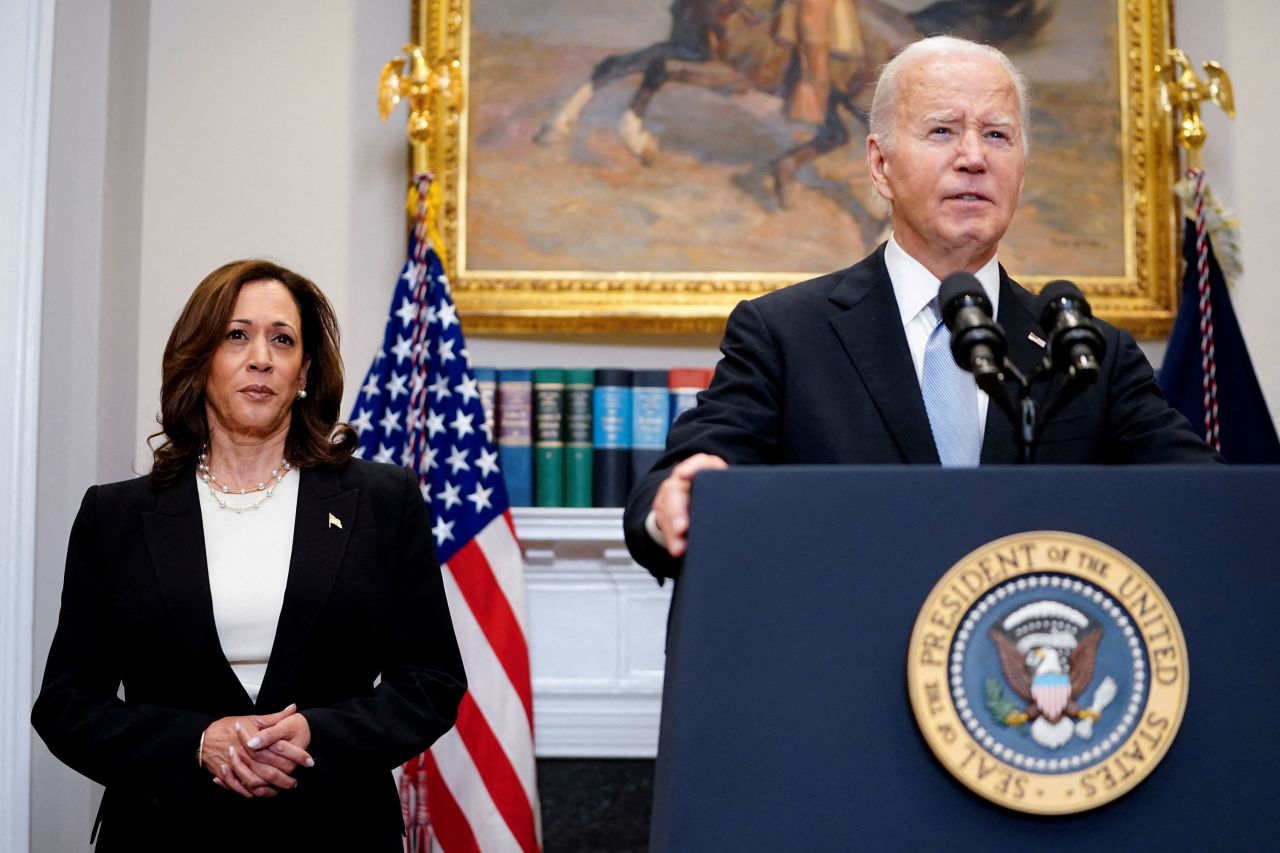 Vice President Kamala Harris listens as President Joe Biden speaks at the White House on July 14.