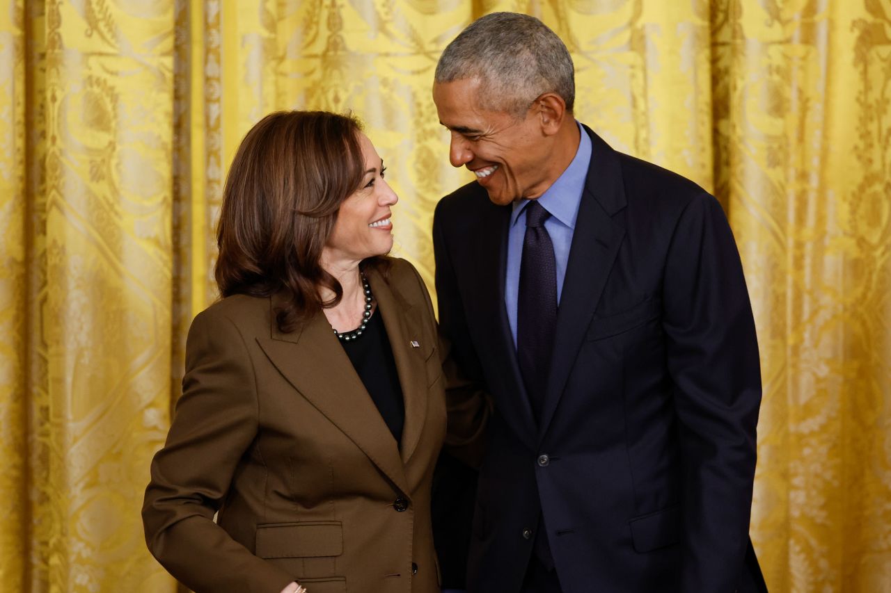 Vice President Kamala Harris and former President Barack Obama attend an event at the White House in April 2022.