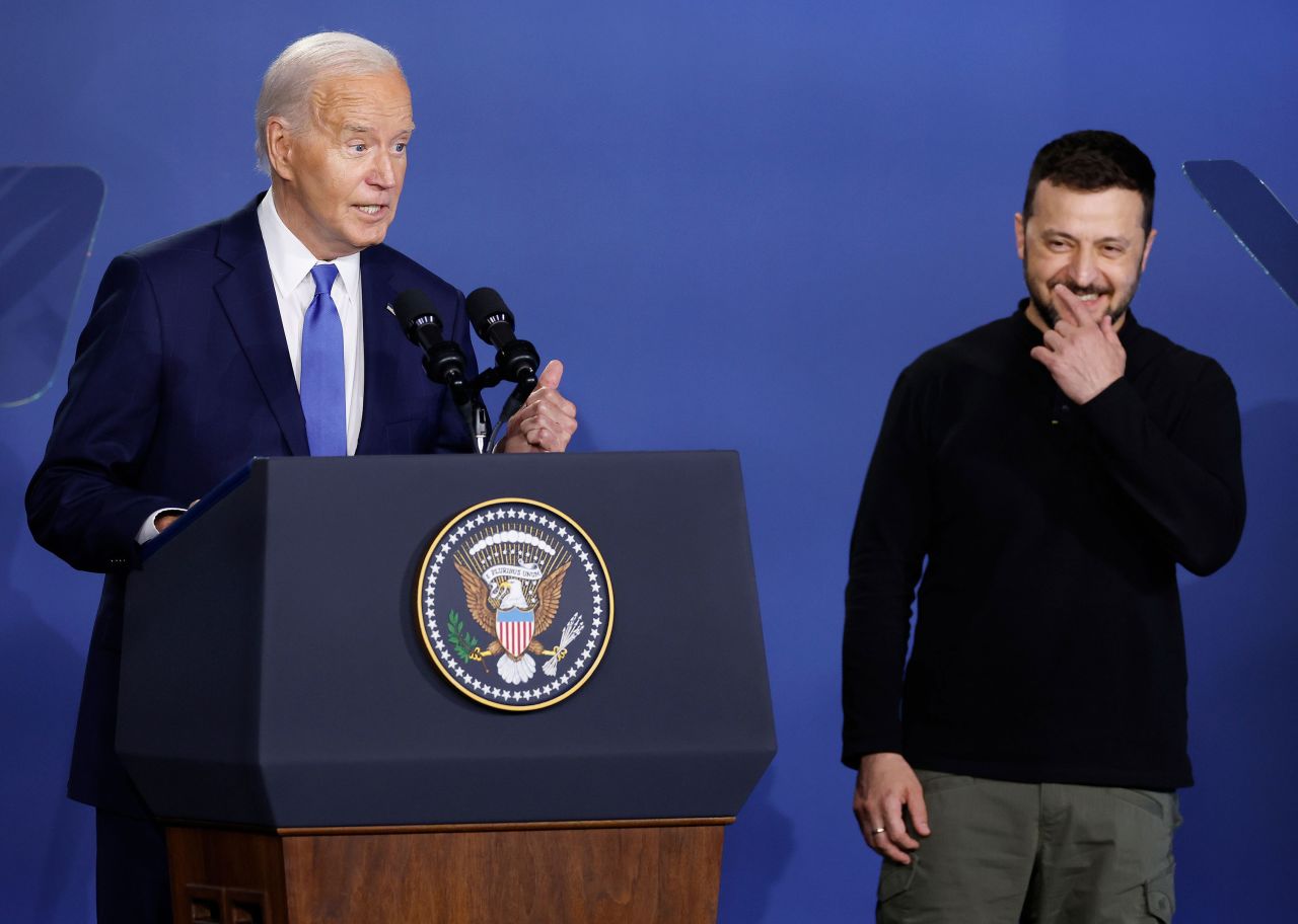 President Joe Biden speaks alongside Ukraine President Volodymyr Zelensky during a press event at the NATO Summit in Washington, DC, on July 11.