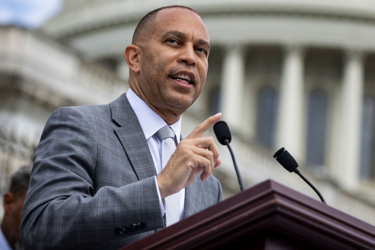 House Minority Leader Hakeem Jeffries speaks during a press conference outside the Capitol on June 27.