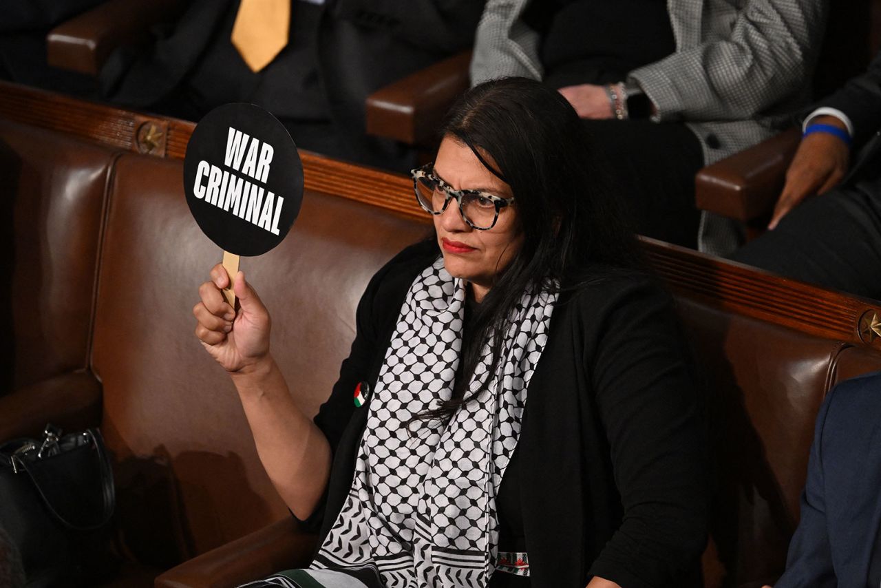 REp. Rashida Tlaib protests during Israeli Prime Minister Benjamin Netanyahu's speech to a joint meeting of Congress on Wednesday, July 24