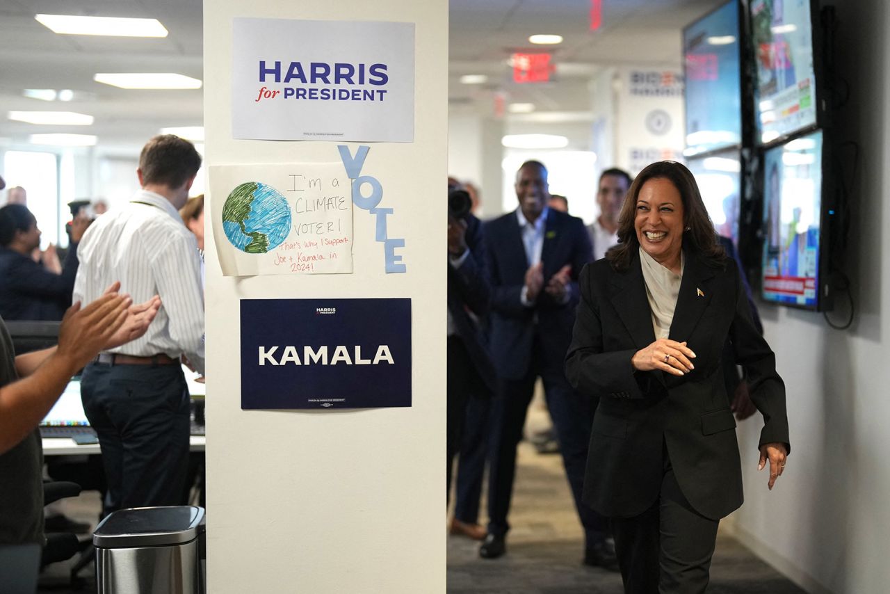 Vice President and Democratic presidential candidate Kamala Harris arrives at campaign headquarters in Wilmington, Delaware, on July 22.