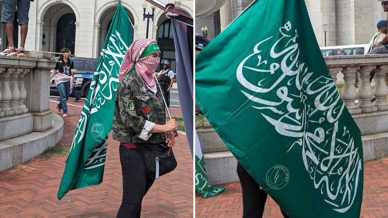 A protestor carries a Hamas flag during the protests on Wednesday.