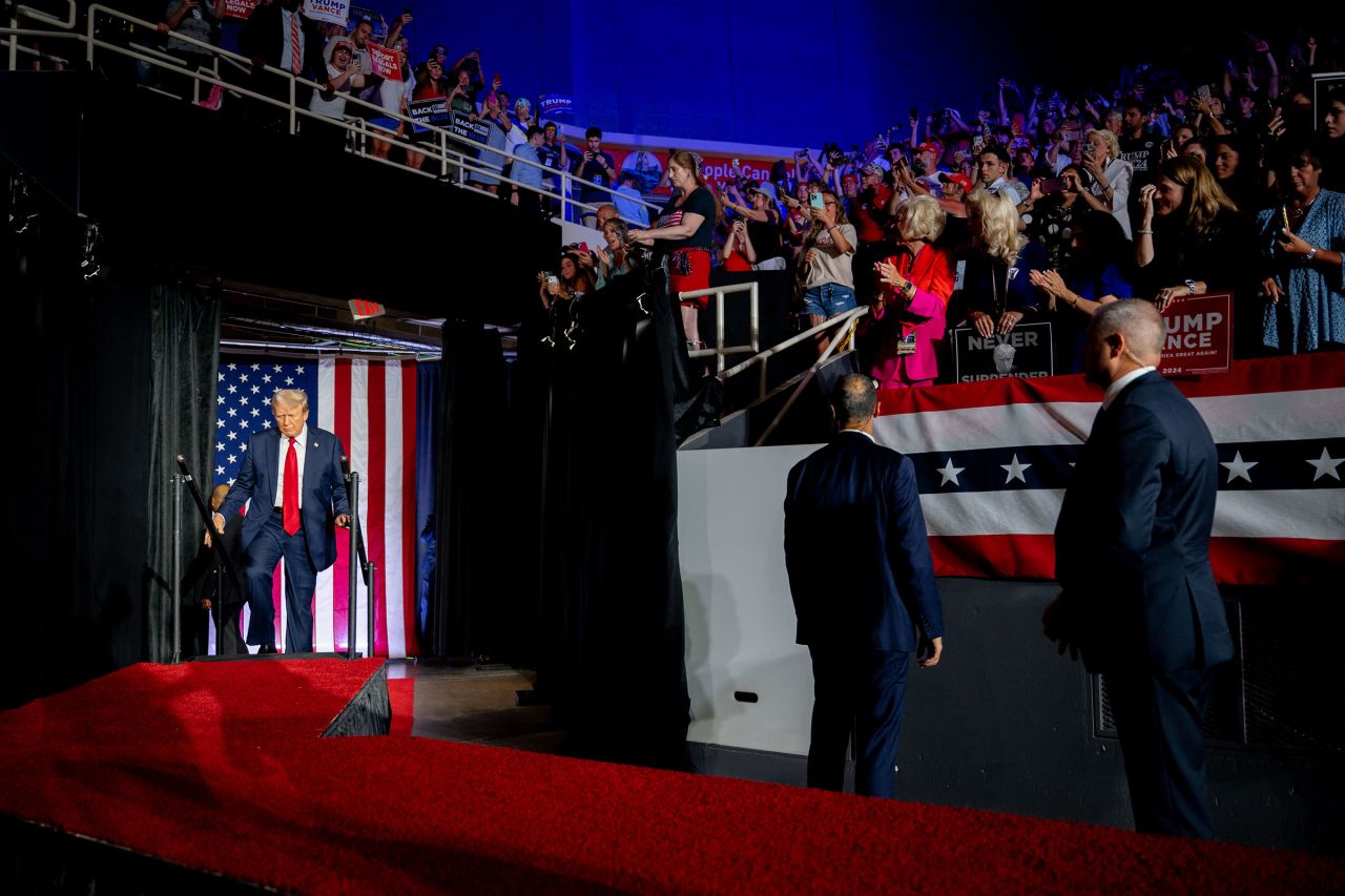 Former President Donald Trump arrives at his campaign rally at the Bojangles Coliseum on July 24 in Charlotte, North Carolina.