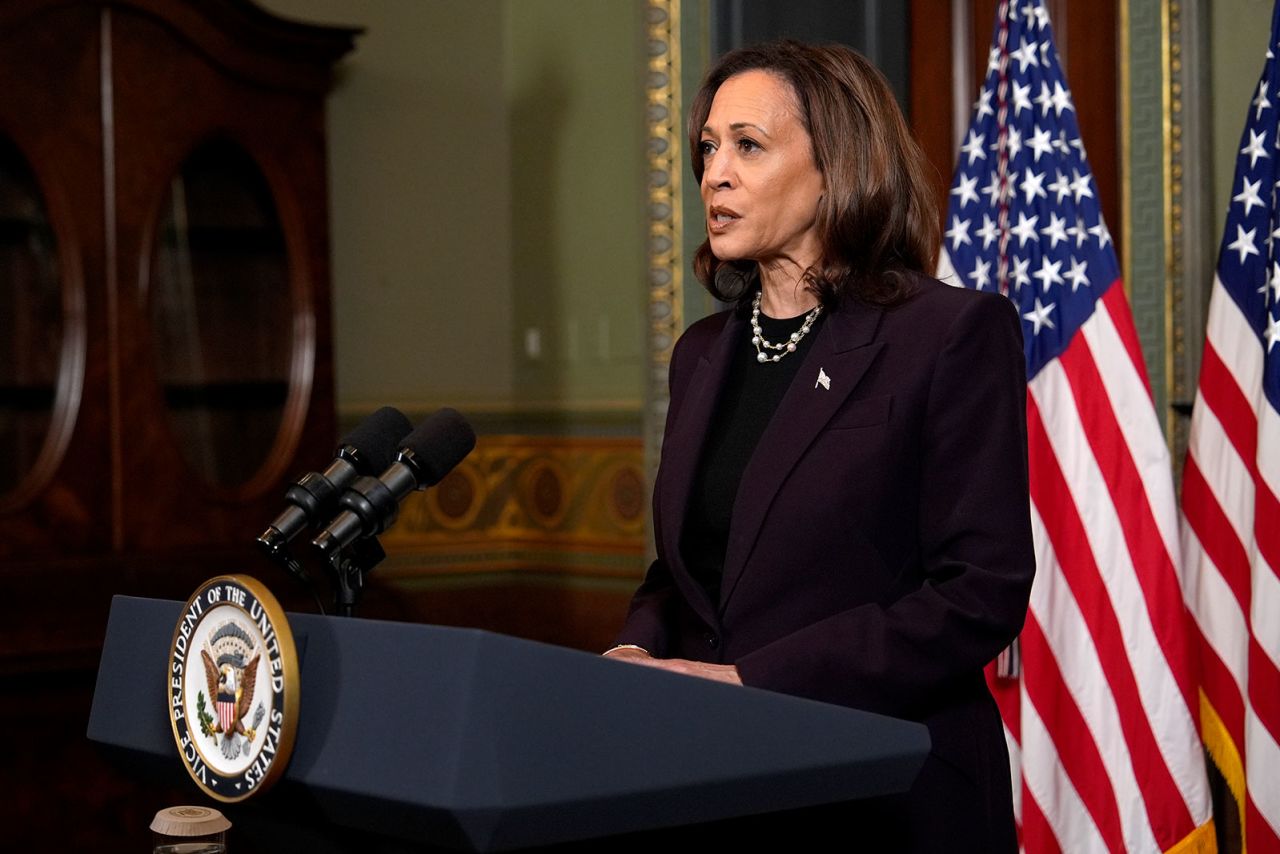 Vice President Kamala Harris speaks on Thursday, July 25. 