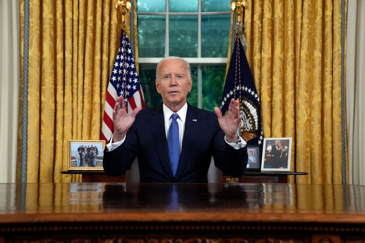 President Joe Biden addresses the nation from the Oval Office of the White House in Washington, DC, on Wednesday, July 24, about his decision to drop his Democratic presidential reelection bid.