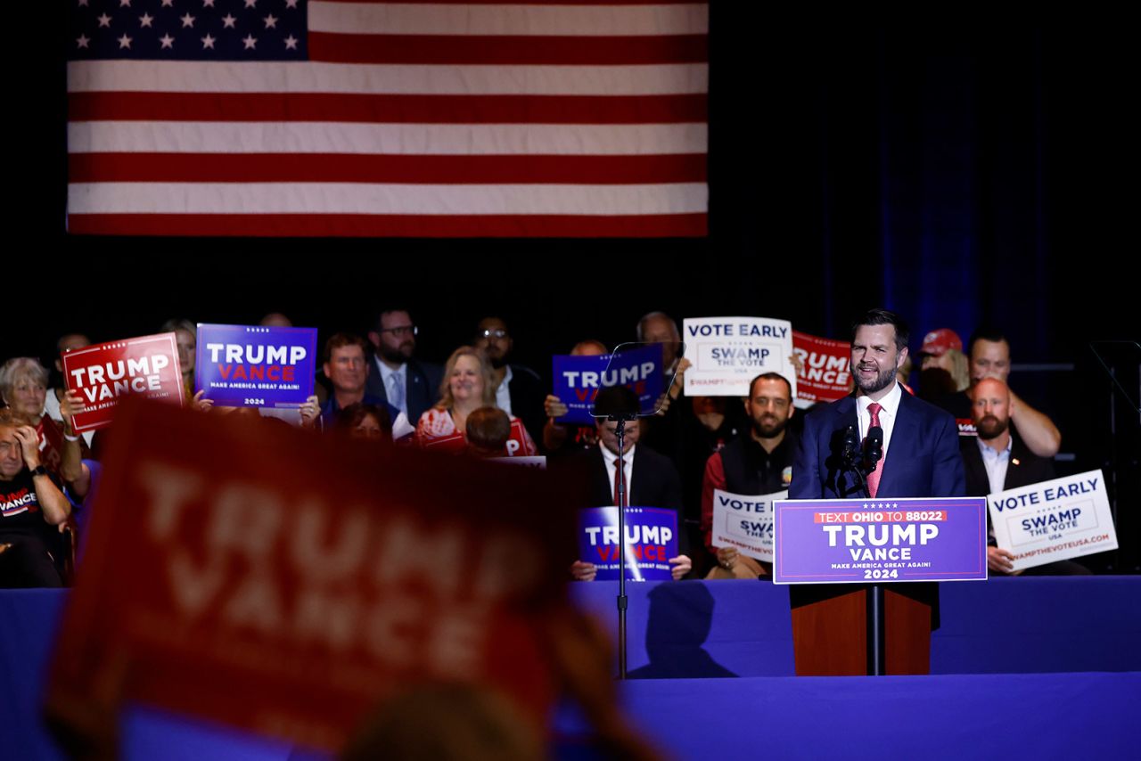 Republican vice presidential candidate Sen. JD Vance speaks during a rally in his home town of Middletown, Ohio, on July 22.