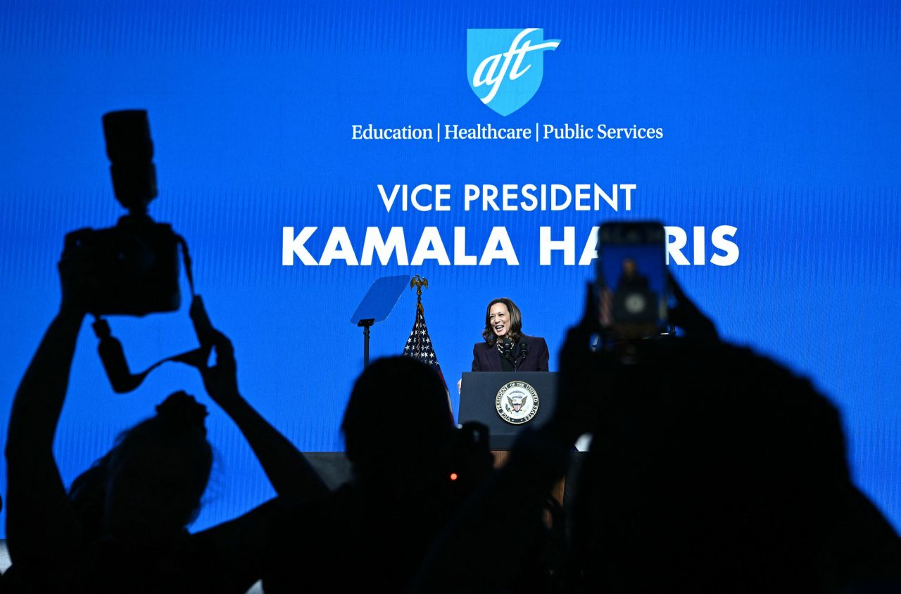 Vice President Kamala Harris delivers the keynote speech at the American Federation of Teachers' 88th National Convention in Houston, Texas, on July 25.