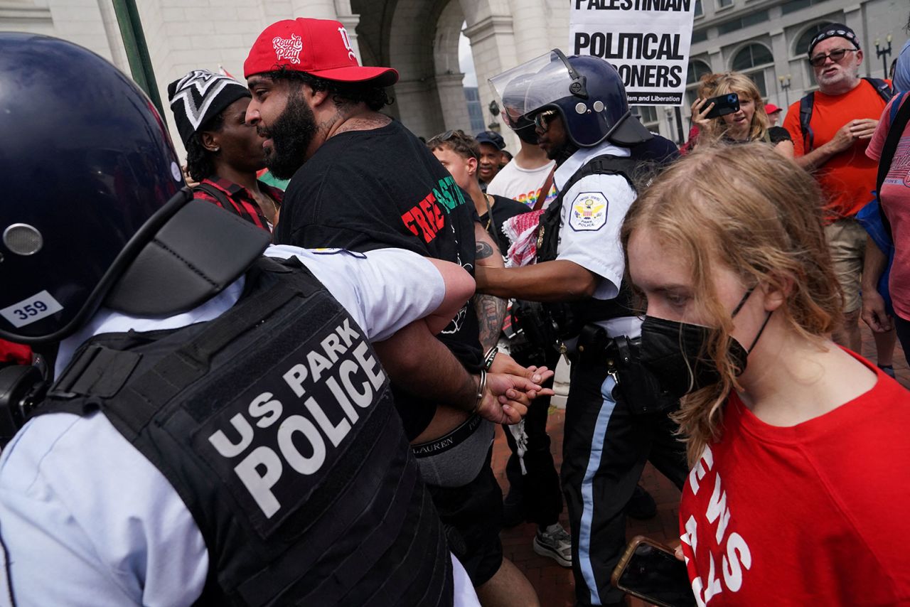 Police officers detain a pro-Palestinian protester in Washington, DC, on Wednesday, July 24.