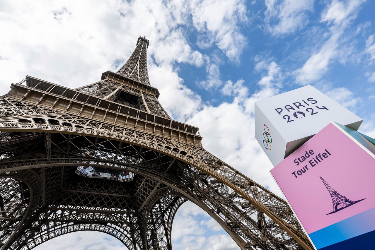 The Eiffel Tower and Paris 2024 signage on July 23, in Paris, France.