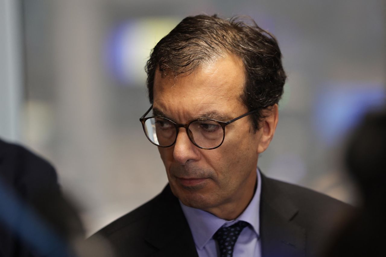 Jean-Pierre Farandou, CEO of French railway company SNCF, looks on during a press conference at the Gare Montparnasse train station in Paris on July 26. 