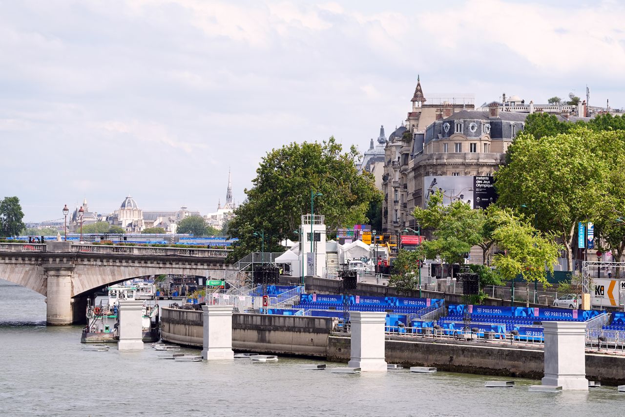 Work is completed on seating for the opening ceremony alongside the River Seine next to the Pont Alexandre III, in Paris on July 23.