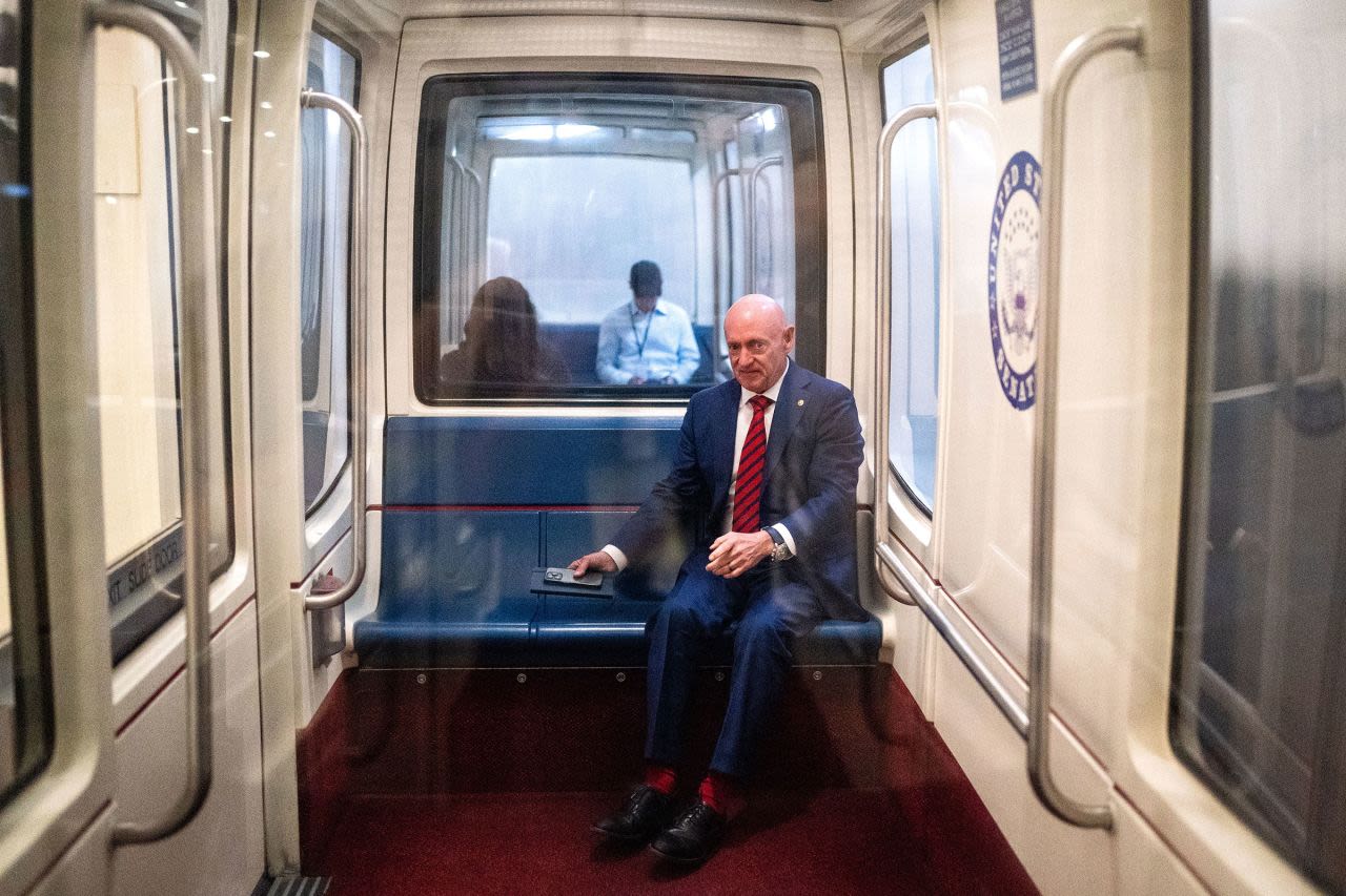 Sen. Mark Kelly rides the Senate subway to the Hart Senate Office Building from the US Capitol on July 25 in Washington, DC. 