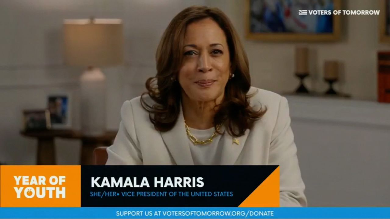 A screengrab taken from a video shows Vice President Kamala Harris during a prerecorded address to a summit held by Voters of Tomorrow.