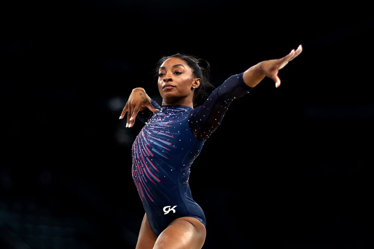 Simone Biles of Team United States practices during a Gymnastics training session in the Bercy Arena ahead of the Paris 2024 Olympic Games on July 25, in Paris, France. 