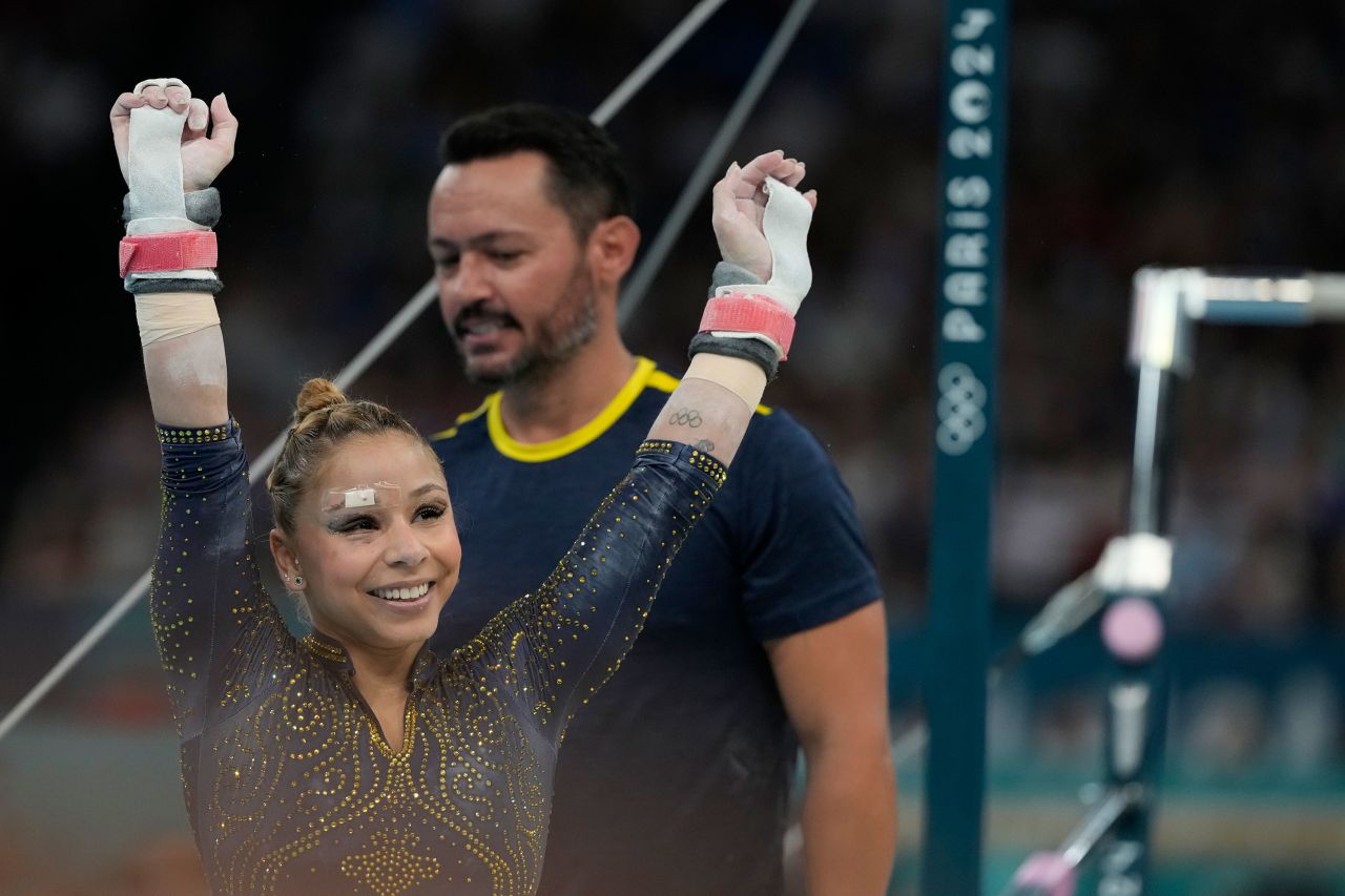 Flavia Saraiva of Brazil celebrates after performing on the uneven bars on Tuesday.