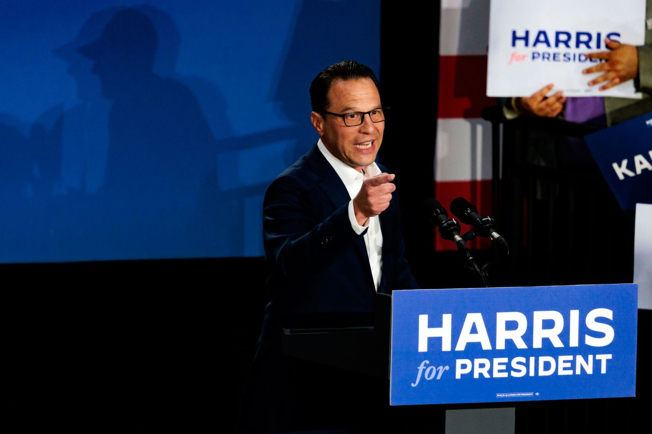 Pennsylvania Gov. Josh Shapiro speaks during a campaign rally for Vice President Kamala Harris on July 29 in Ambler, Pennsylvania.