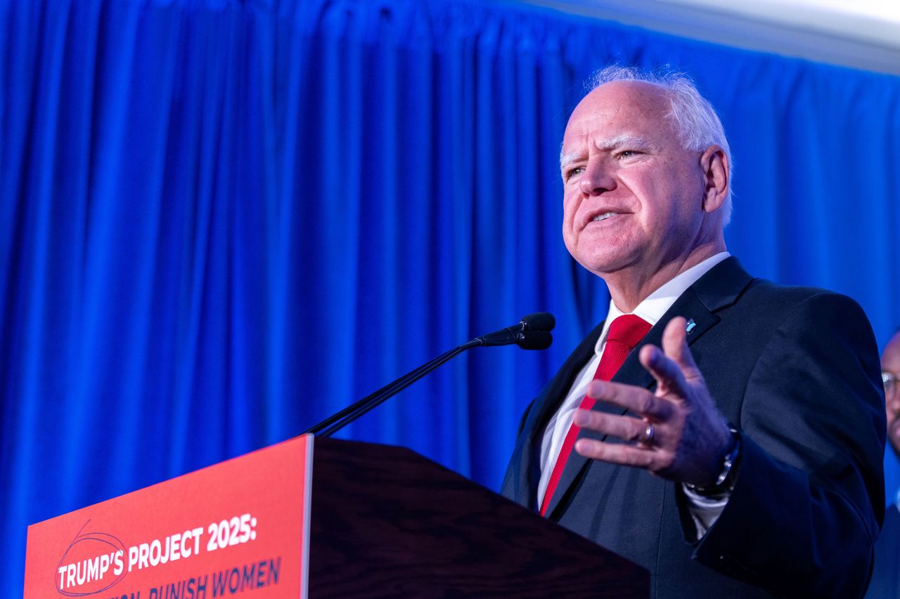 Minnesota Gov. Tim Walz speaks at a Biden-Harris campaign and DNC press conference on July 17, 2024 in Milwaukee, Wisconsin.