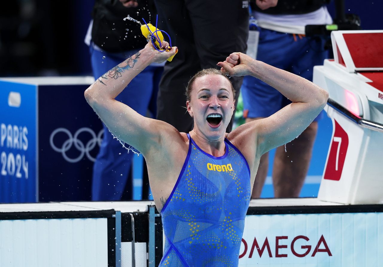 Sarah Sjöström of Team Sweden celebrates after winning gold in the Women's 100m Freestyle Final on July 31.