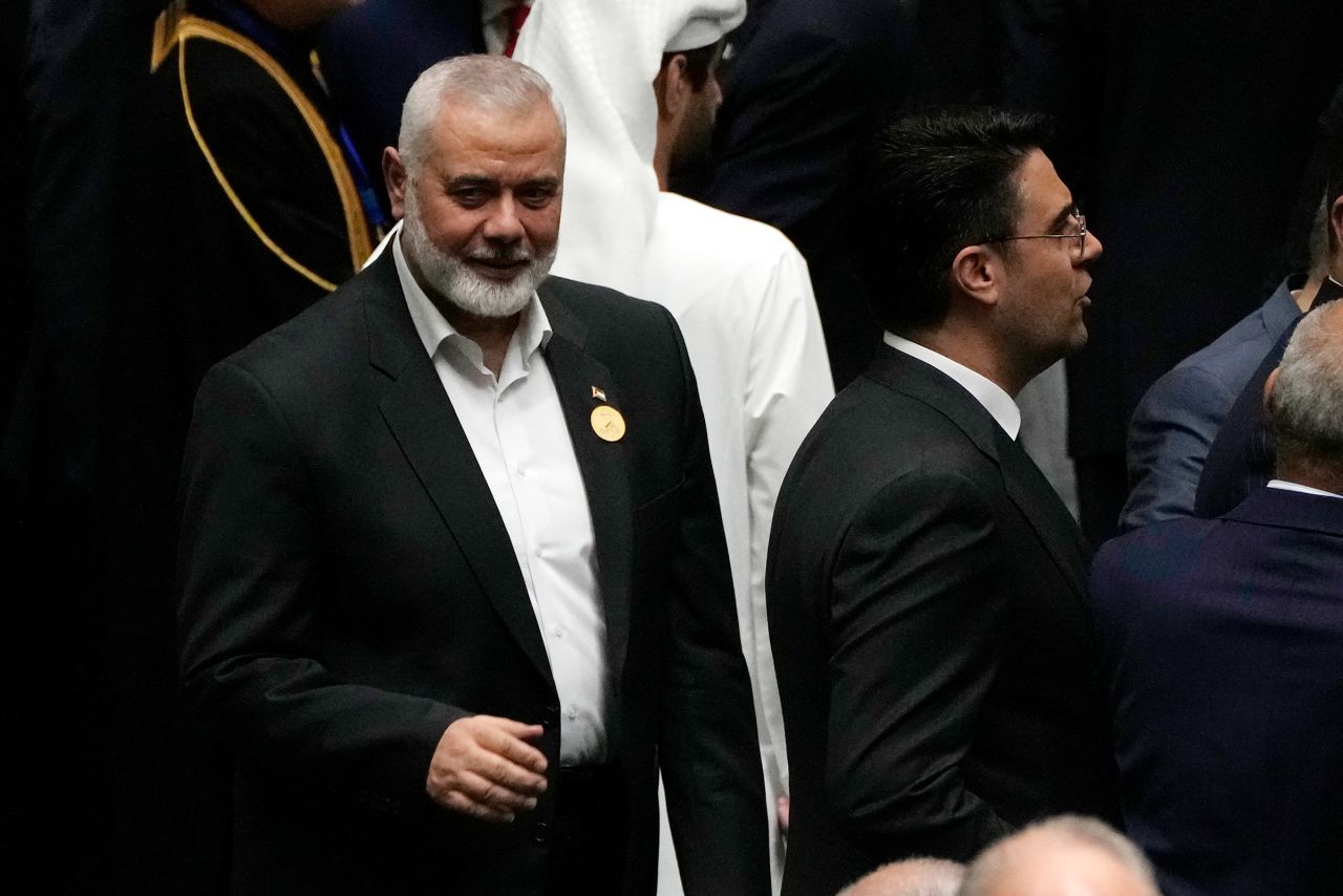 Hamas chief Ismail Haniyeh arrives at the Iranian parliament to attend the swearing-in ceremony of newly-elected President Masoud Pezeshkian, in Tehran, Iran, on July 30.