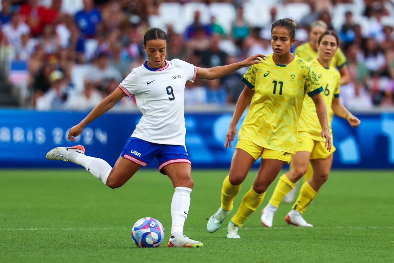 Mallory Swanson of the United States kicks the ball during the group B match against Australia on Wednesday.