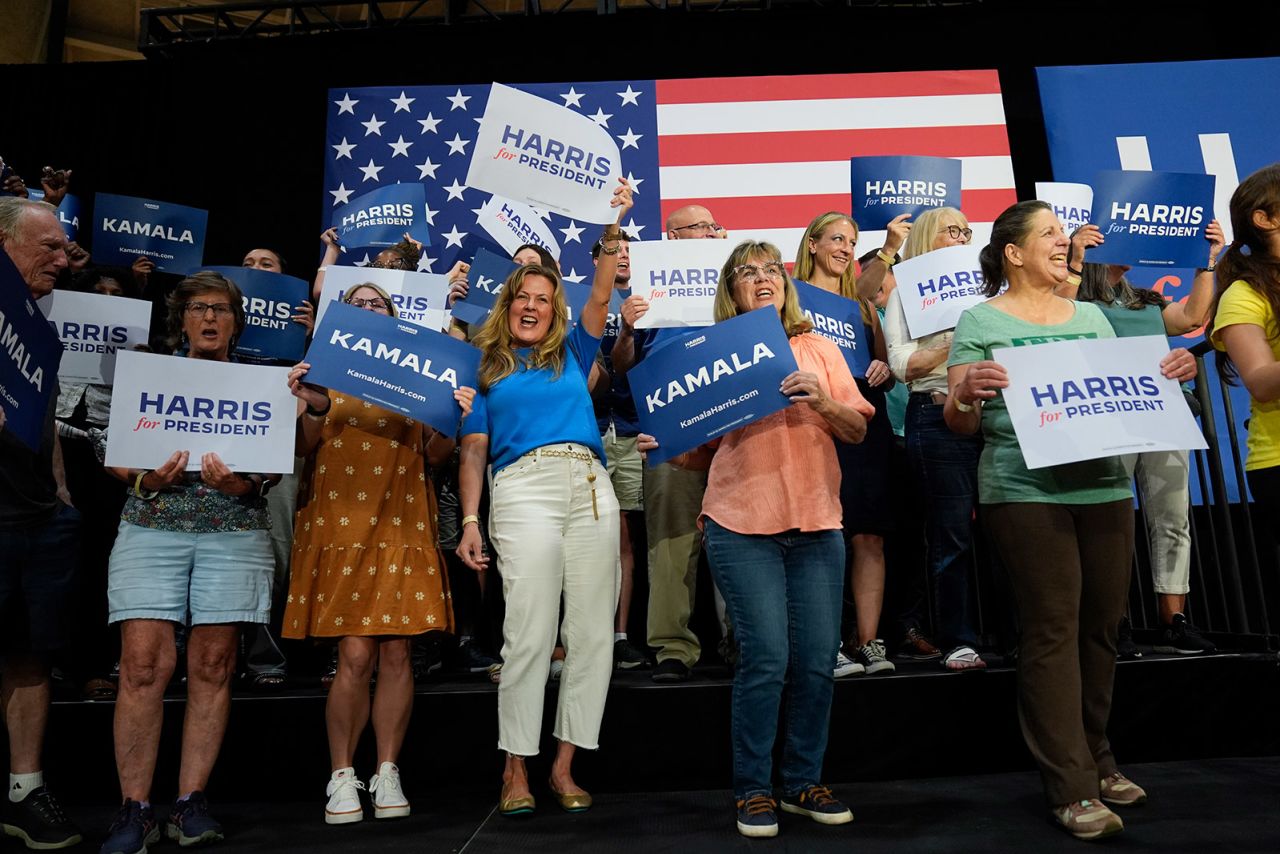 Supporters of Democratic presidential candidate Kamala Harris cheer during a campaign event for with Pennsylvania Gov. Josh Shapiro and Michigan Gov. Gretchen Whitmer, in support of Harris, in Ambler, Pennsylvania on July 29. 