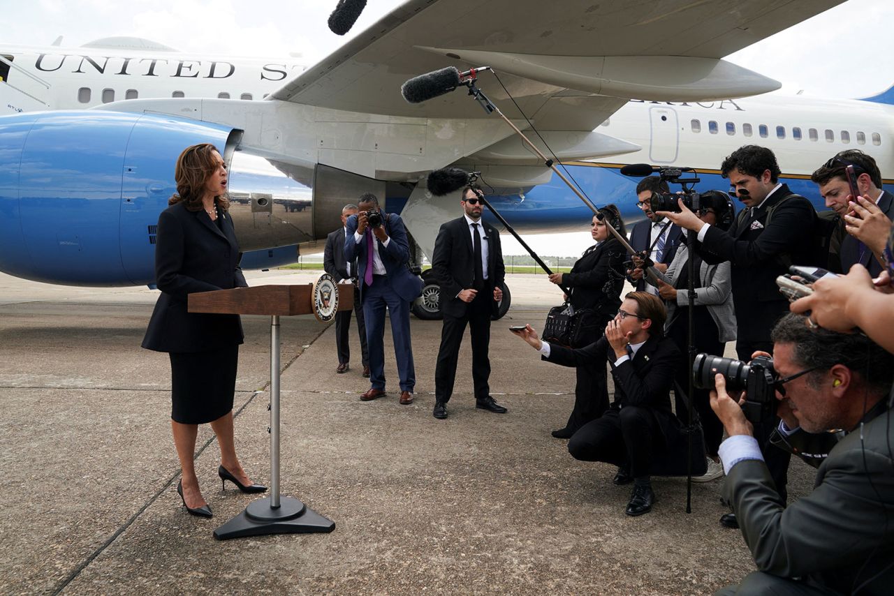 Vice President Kamala Harris speaks about the release of Paul Whelan, Evan Gershkovich, Alsu Kurmasheva, and Vladimir Kara-Murza, who were detained in Russia, as she departs to return to Washington, DC, at George Bush Intercontinental Airport in Houston, Texas, on Thursday August 1.