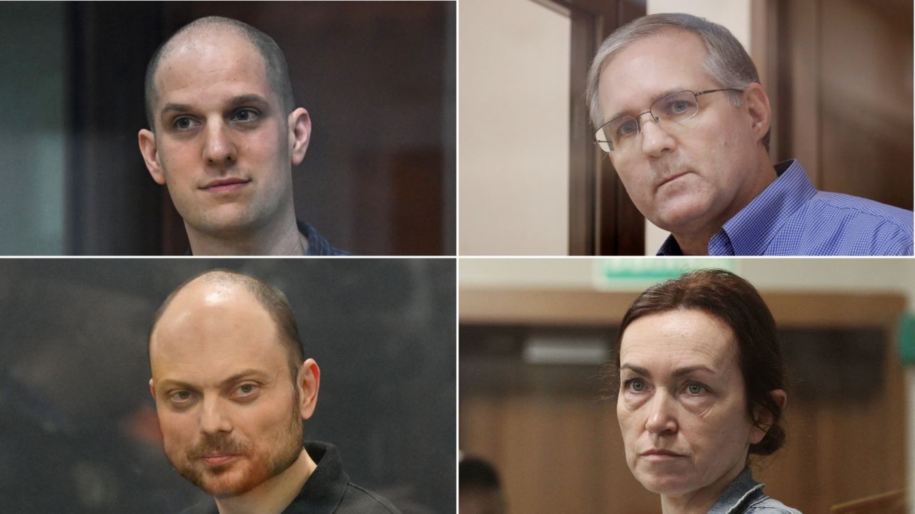 From top left: US journalist Evan Gershkovich, former US marine Paul Whelan, Russian opposition activist Vladimir Kara-Murza, and Russian-American journalist Alsu Kurmasheva.