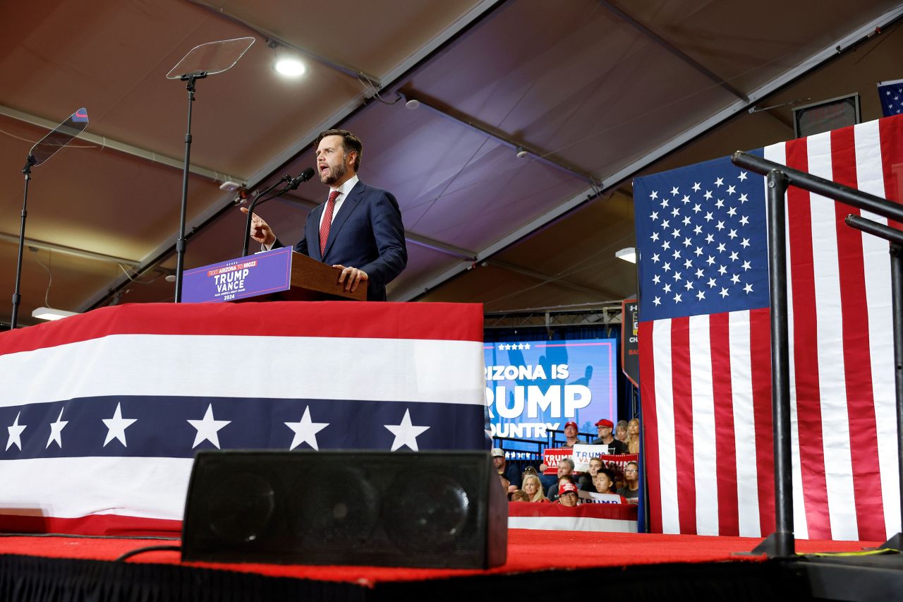 Sen. JD Vance gives remarks at a campaign rally at Arizona Christian University on July 31 in Glendale, Arizona. 