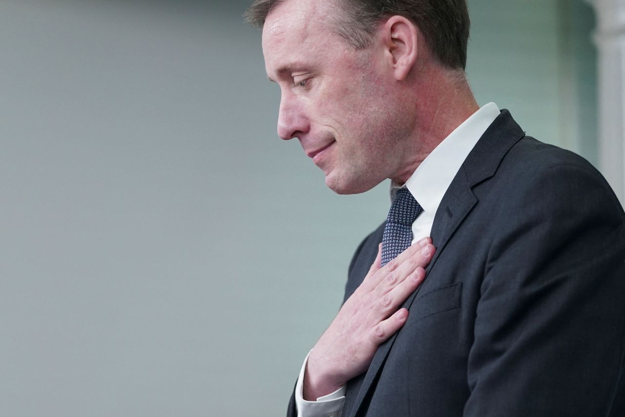 Jake Sullivan reacts while addressing the press during a briefing at the White House on Thursday.