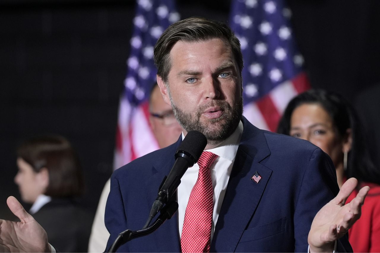 Republican vice presidential candidate Sen. JD Vance speaks with reporters at a news conference on August 6, in Philadelphia.