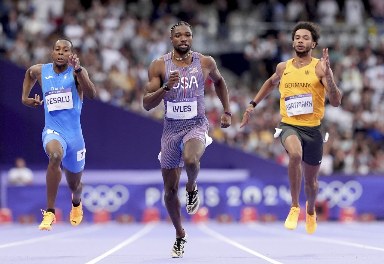 USA's Noah Lyles, centER, during the Men's 200m semi final at the Stade de France on the twelfth day of the 2024 Paris Olympic Games in France on August 7.