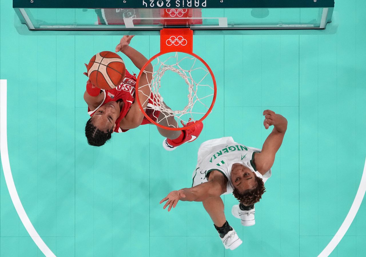 A'Ja Wilson of Team USA shoots over Nigeria's Pallas Kunaiyi-Akpanah during a women's basketball quarterfinal game on August 7.