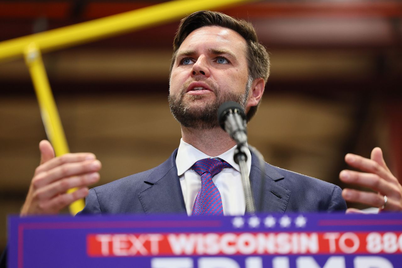 Republican vice presidential nominee JD Vance speaks at a campaign event in Eau Claire, Wisconsin, on August 7. 